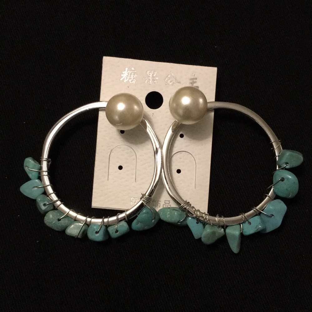 NWOT silver hoop earrings with turquoise beads.